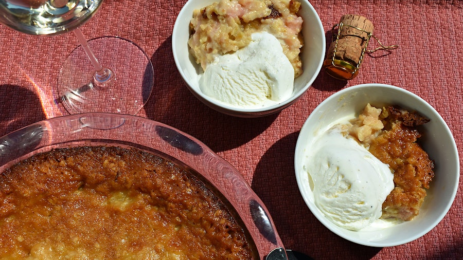 Fresh rhubarb is sealed in a caramel-like “crust” that comes together quickly on the stove.
