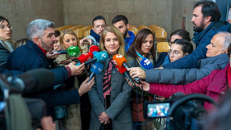 Defense lawyer Sylvia Cordoba spoke with press at the Provincial Court of Caceres on Feb. 15.